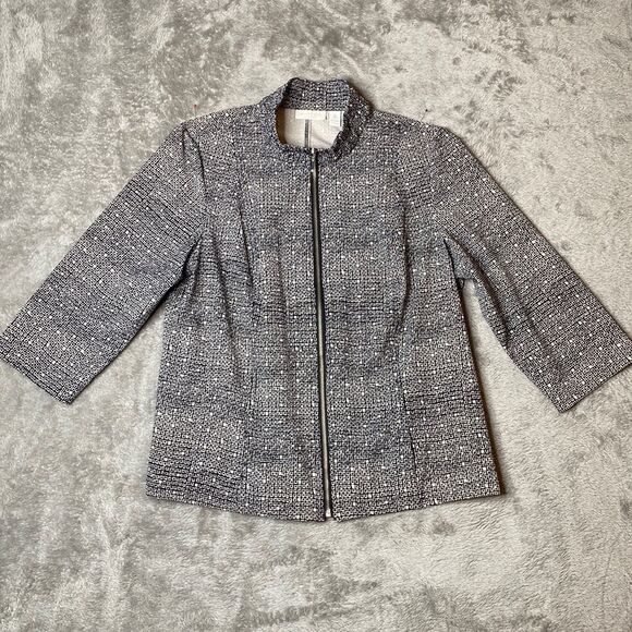 Weekends By Chico's Black Geometric Print Three Quarter Sleeve Zip Nylon Jacket - Picture 1 of 10